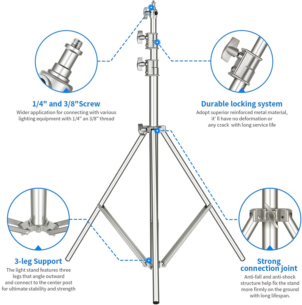 NEEWER 118"/3m Stainless Steel Light Stand, Spring Cushioned Heavy Duty Photography Tripod Stand with 1/4” to 3/8” Universal Screw Adapter for Strobe, LED Video Light, Ring Light, Monolight, Softbox (10097832)