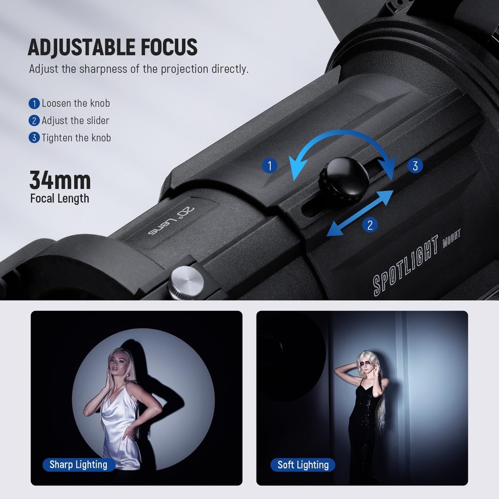 NEEWER Spotlight Snoot with 20° Projection Lens, Adjustable Focus, 16 Metal Gobos 5 Color Gels, Bag 90100759