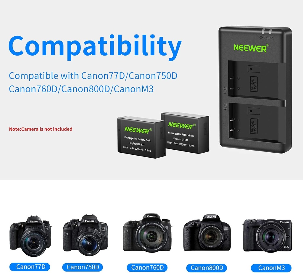 NEEWER 2-Pack LP-E17 Replacement Battery and Dual USB Charger for Canon
