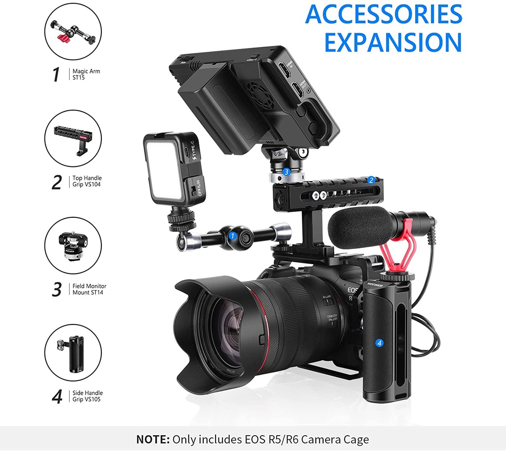 NEEWER Camera Cage Compatible with Canon EOS R5 R6 R5 C, Aluminum Alloy DSLR Rig Stabilizer with 1/4"&3/8" Threads, Cold Shoe, and NATO Rail for Vlogging, Filmmaking, Video Recording (VS101) (10099664)