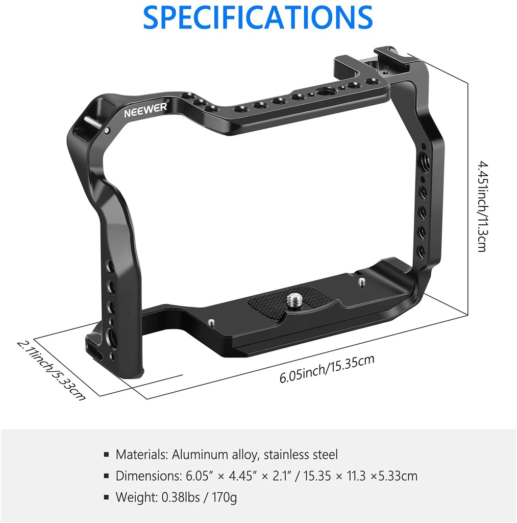 NEEWER Camera Cage Compatible with Canon EOS R5 R6 R5 C, Aluminum Alloy DSLR Rig Stabilizer with 1/4"&3/8" Threads, Cold Shoe, and NATO Rail for Vlogging, Filmmaking, Video Recording (VS101) (10099664)