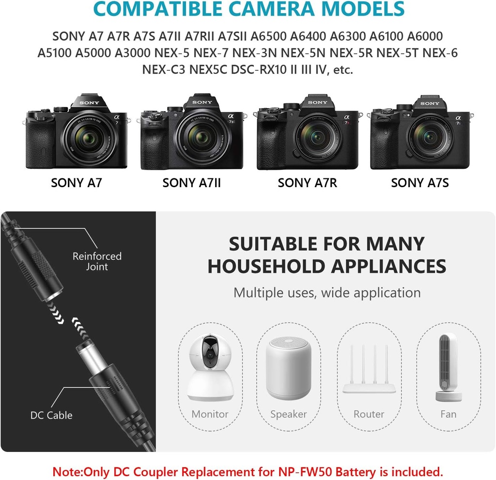 Neewer DC Coupler Replacement for NP-FW50 Dummy Battery Power Adapter for Sony 10097839