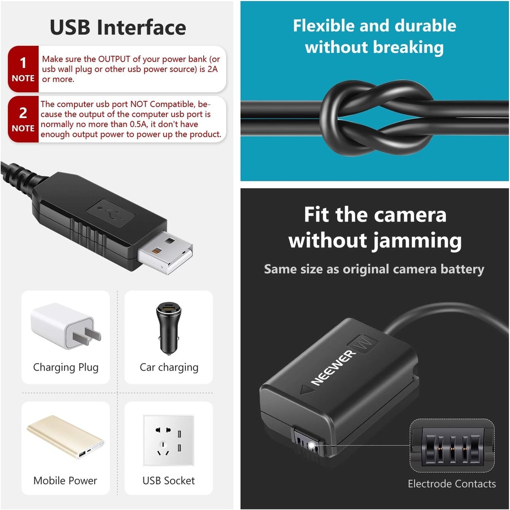 Neewer DC Coupler Replacement for NP-FW50 Dummy Battery Power Adapter for Sony 10097839
