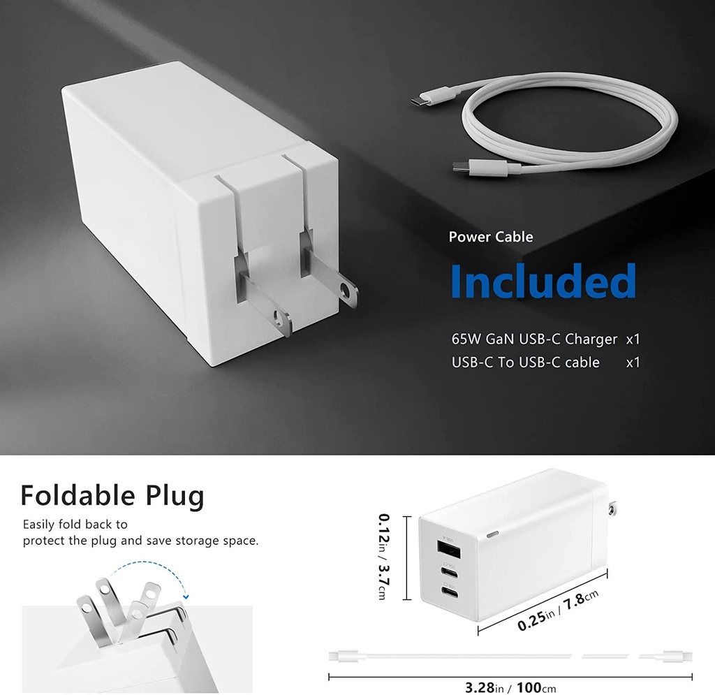 Neewer GaN01 65W GaN USB Charger, 3-Port USB-C & USB-A Wall Charger with 3.3ft USB-C Cable and Folding Prongs, PD QC PPS Fast Charging Compliant, Compatible with iPhone, iPad, MacBook, Android (10100244)