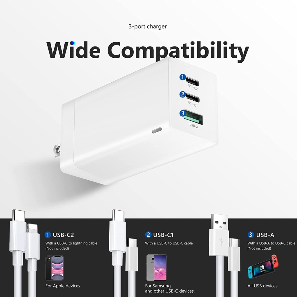 Neewer GaN01 65W GaN USB Charger, 3-Port USB-C & USB-A Wall Charger with  3.3ft USB-C Cable and Folding Prongs, PD QC PPS Fast Charging Compliant