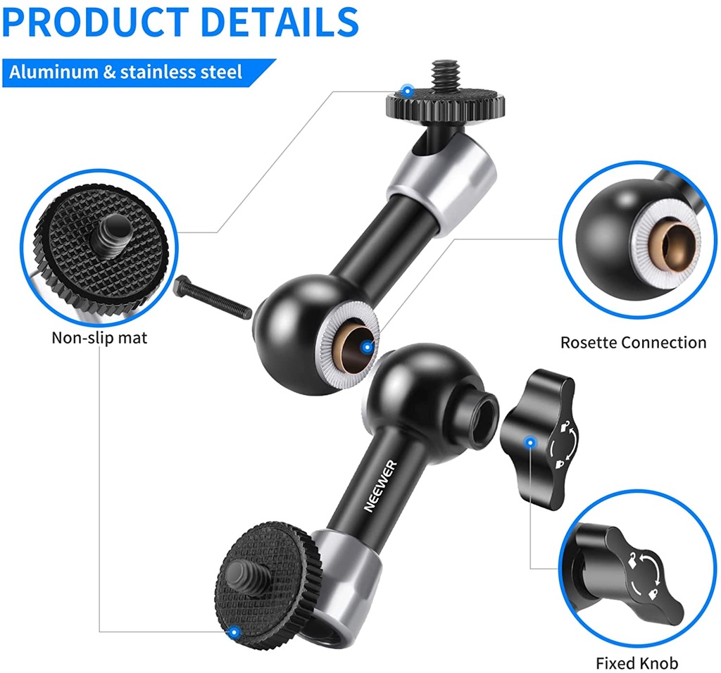 NEEWER 5.9"/15cm Adjustable Friction Magic Arm with 1/4" Screw on Both Ends, Compatible with SmallRig Cage, Flash/LED Light/Microphone/Monitor/SuperClip, Max Load 4.4lb/2kg, ST15 (10099608)