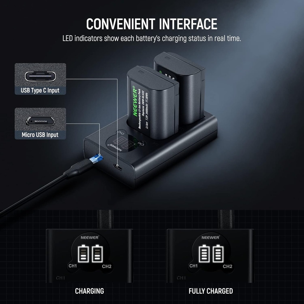 NEEWER DMW-BLK22 Replacement Battery and Charger Set, 2 Pack 2400 mAh Batteries and Type C Dual Channel USB Charger 10102335