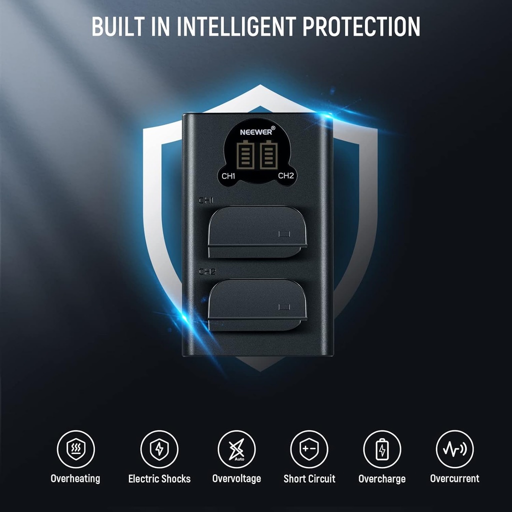 NEEWER DMW-BLK22 Replacement Battery and Charger Set, 2 Pack 2400 mAh Batteries and Type C Dual Channel USB Charger 10102335