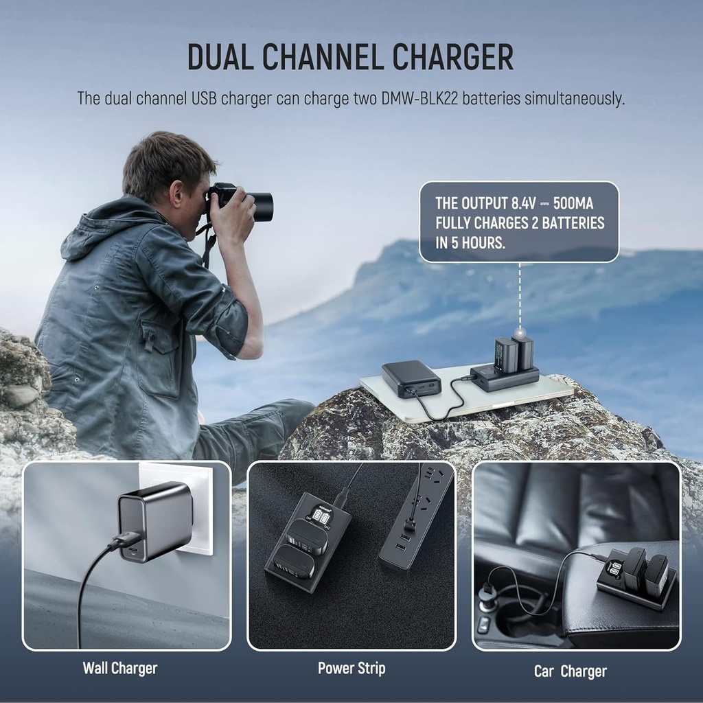 NEEWER DMW-BLK22 Replacement Battery and Charger Set, 2 Pack 2400 mAh Batteries and Type C Dual Channel USB Charger 10102335