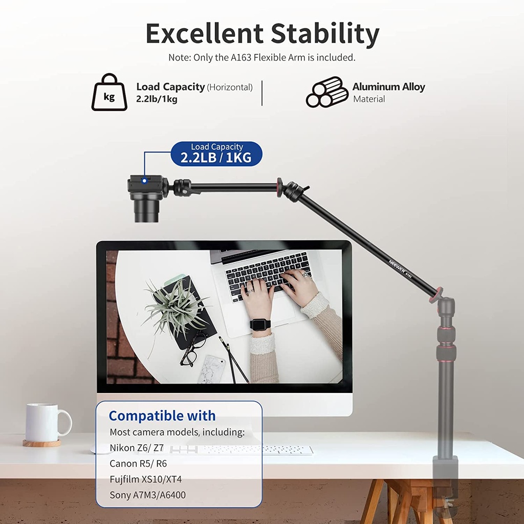 Neewer Flexible Arm Mounts On Any Camera Desk Mount Stand/Tripod for Overhead Photography, Detachable 3-Section Magic Arm with 1/4” 3/8” 5/8” Interface for Webcam, Camera, LED Light, Microphone - A163 (10099672)