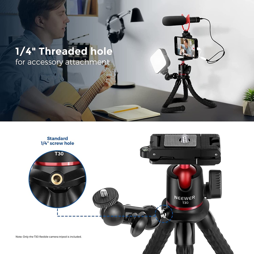 NEEWER Camera Flexible Tripod with Remote Shutter, Mount Adapter for Hero 11 10 9 8, Hidden Phone Holder with Cold Shoe, 1/4" Screw for Magic Arm, Bendable Vlogging Tripod, Load Up to 4.4lb - T30 (10099384)