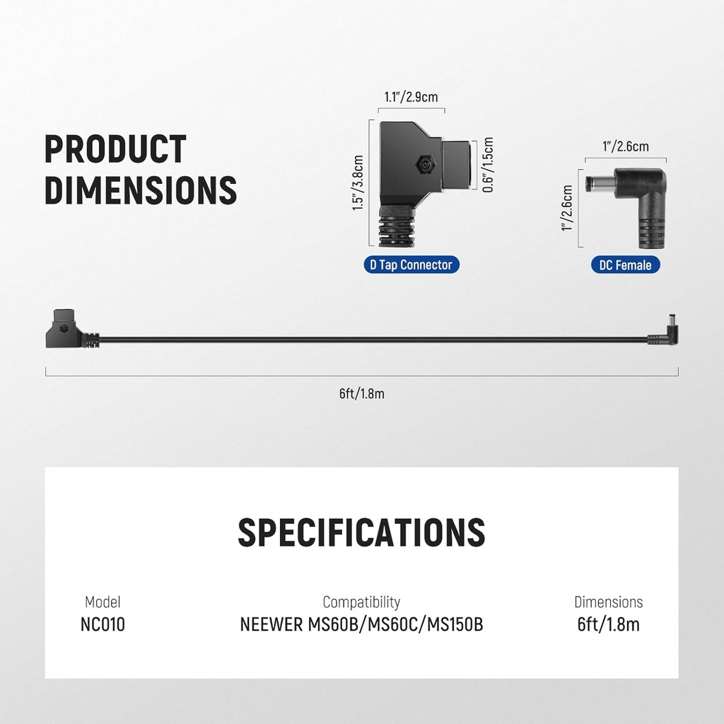Neewer 6ft/1.8m D-Tap Male to DC Female Power Cable 10103378