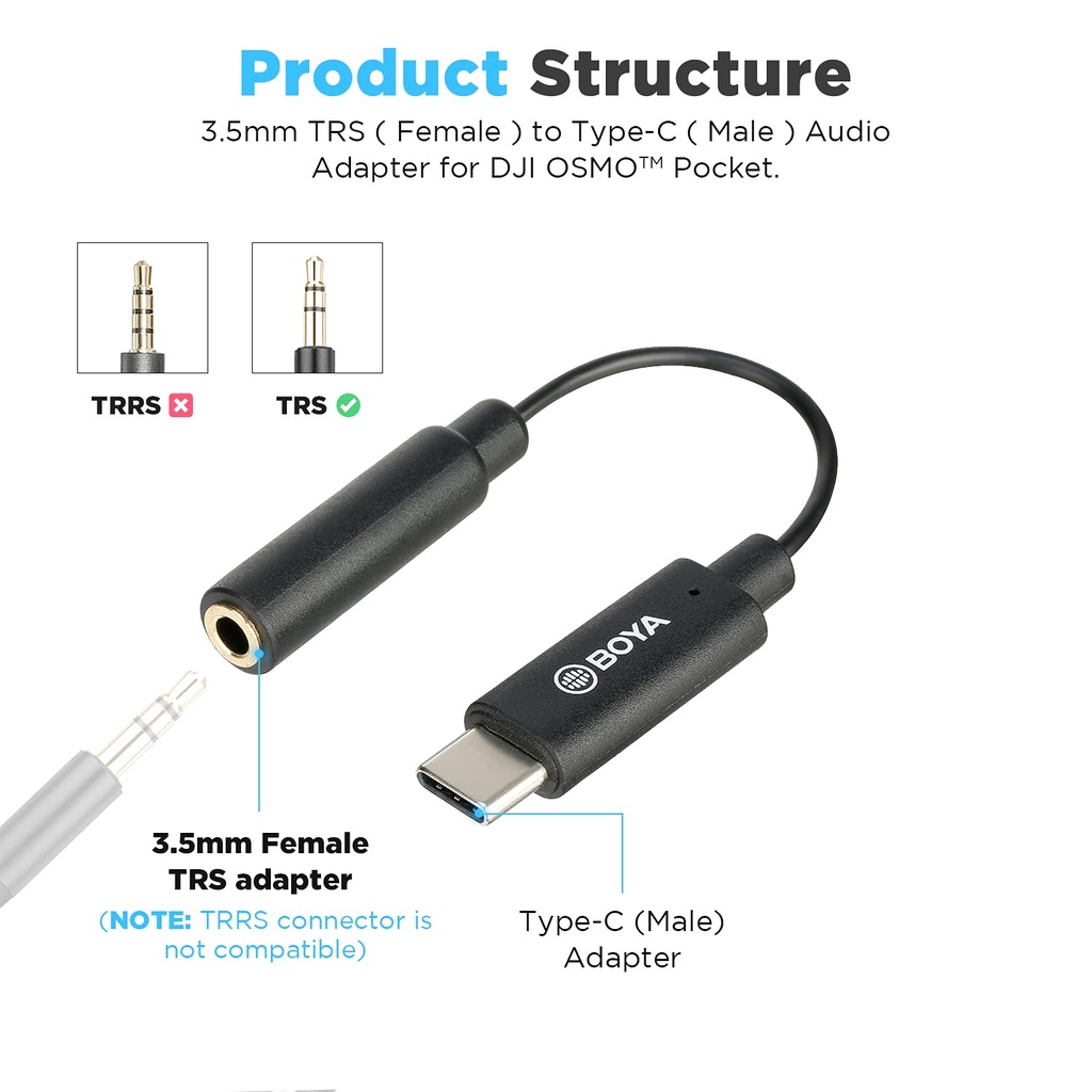 BOYA BY-K6 DJI Osmo Pocket Microphone  Adapter USB C to 3.5mm TRS