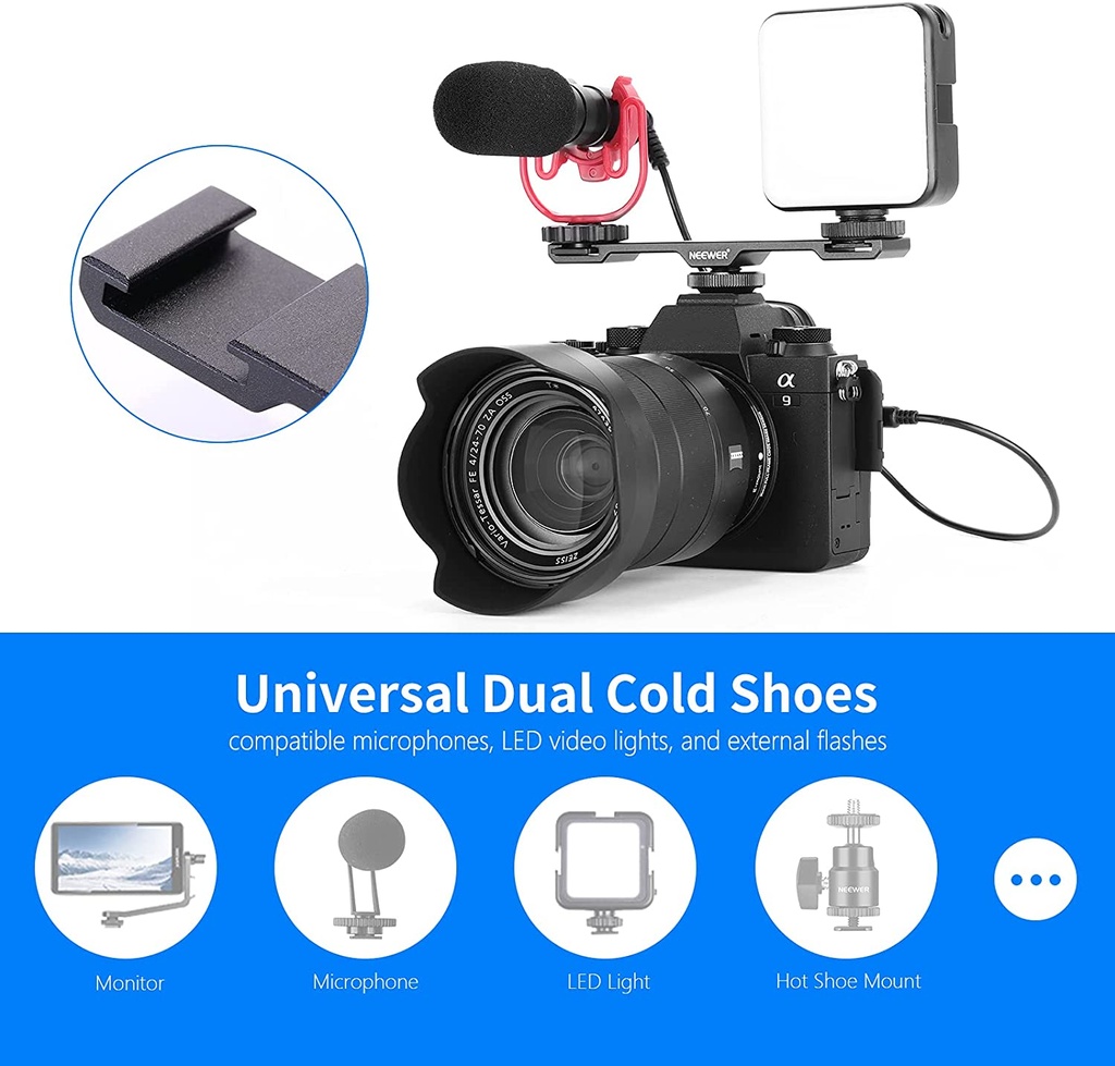NEEWER Dual Cold Shoe Mount Bracket, Aluminum Alloy Dual Hot Shoe Extension Bar with 1/4" Thread, Compatible with iPhone Nikon Canon Sony DSLR Camera Camcorder LED Light Mic Speedlite (10100281)