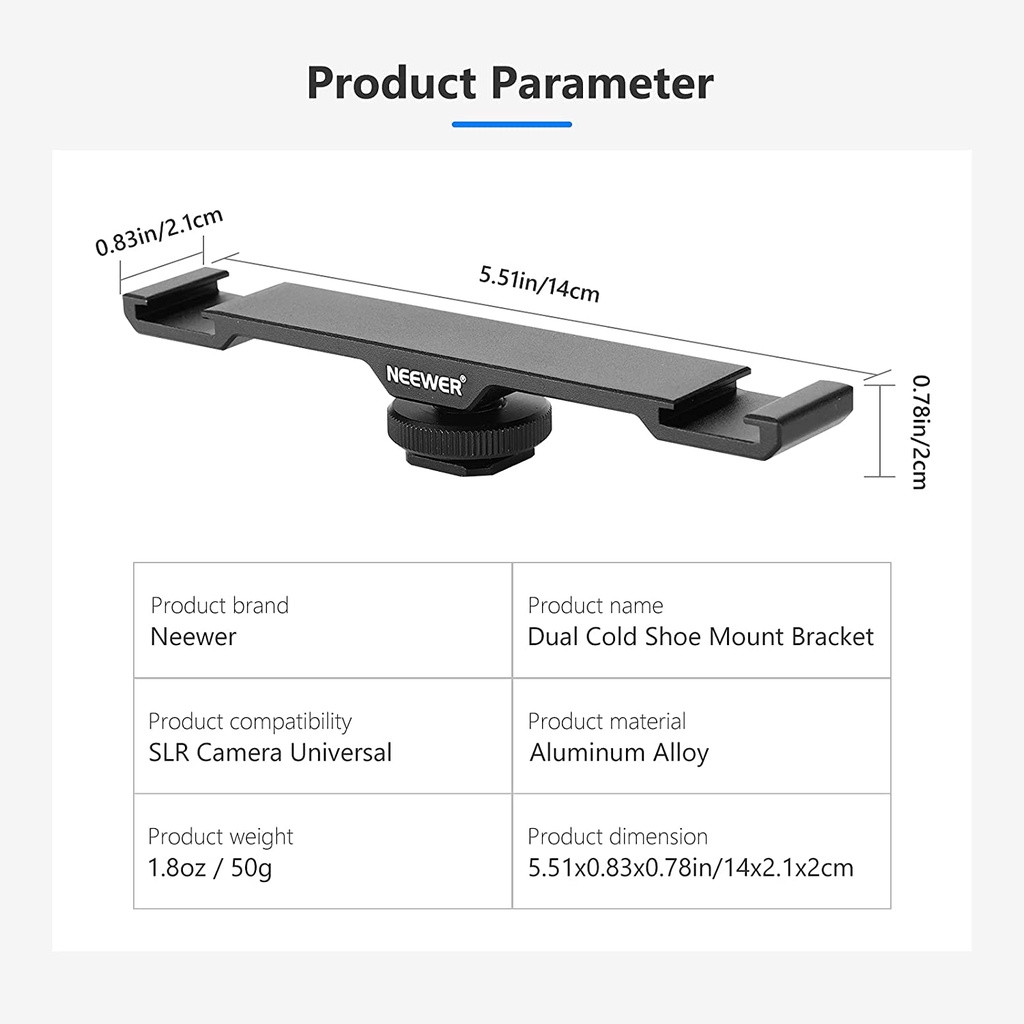 NEEWER Dual Cold Shoe Mount Bracket, Aluminum Alloy Dual Hot Shoe Extension Bar with 1/4" Thread, Compatible with iPhone Nikon Canon Sony DSLR Camera Camcorder LED Light Mic Speedlite (10100281)