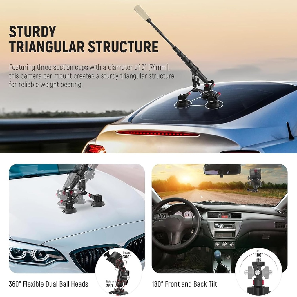 NEEWER Triple Suction Cup Car Mount Kit with 2in1 Extension Pole/Selfie Stick 10103631