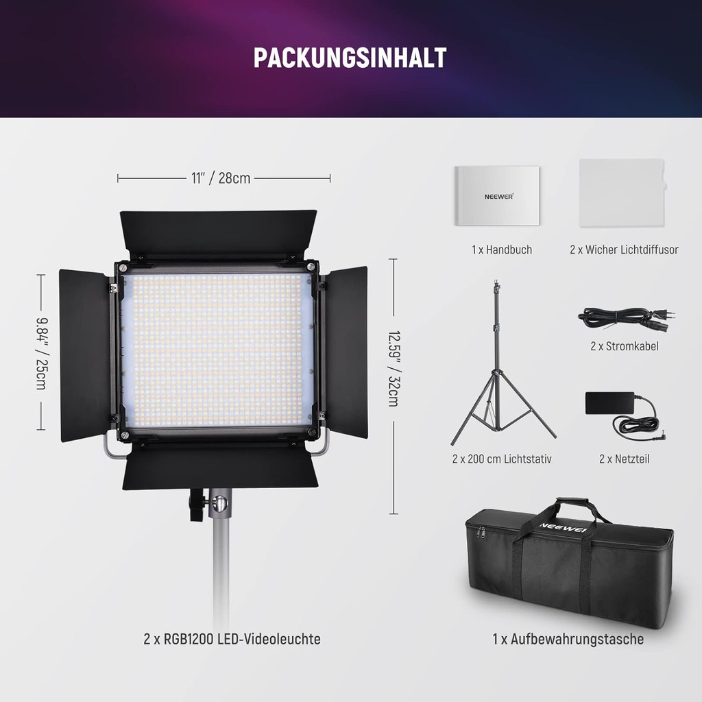 NEEWER RGB1200 LED Video Light RGB with App/2.4G Control, 2 x 60 W Video Light with Tripod and Bag 10104230