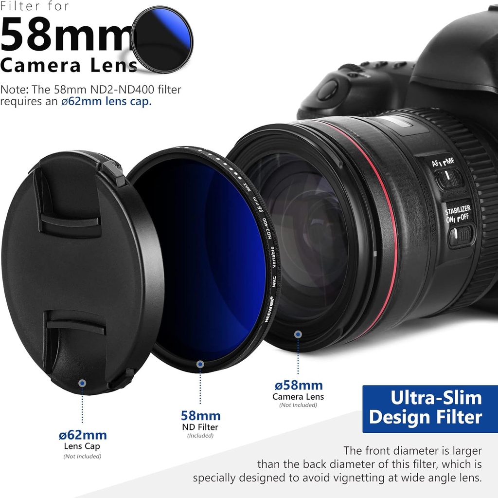 NEEWER 58mm MRC Variable ND Filter ND2-ND400, Neutral Density Adjustable ND Filter (0.3 to 2.7,1 to 9 Stops) 10100328