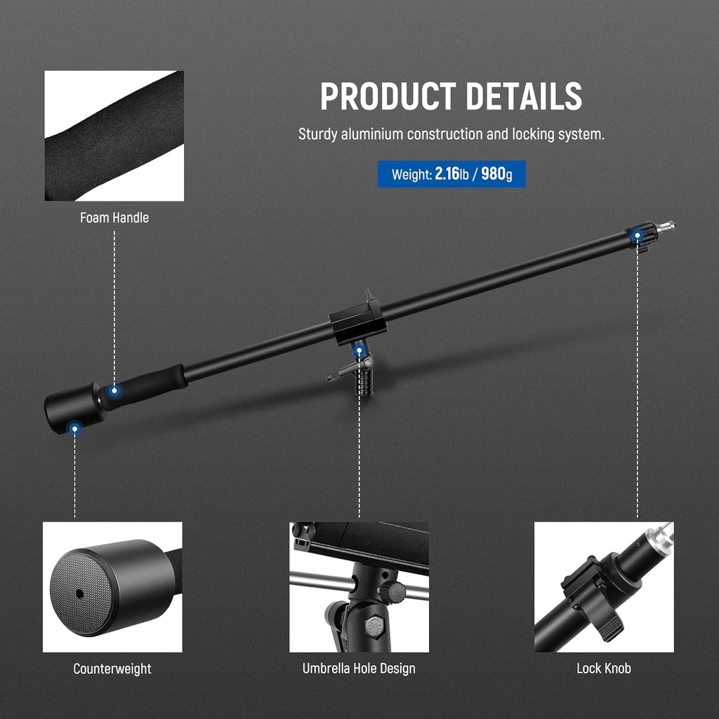 NEEWER Tripod Boom Arm 90 to 156cm with 1.5kg Counterweight and Sandbag 10101279