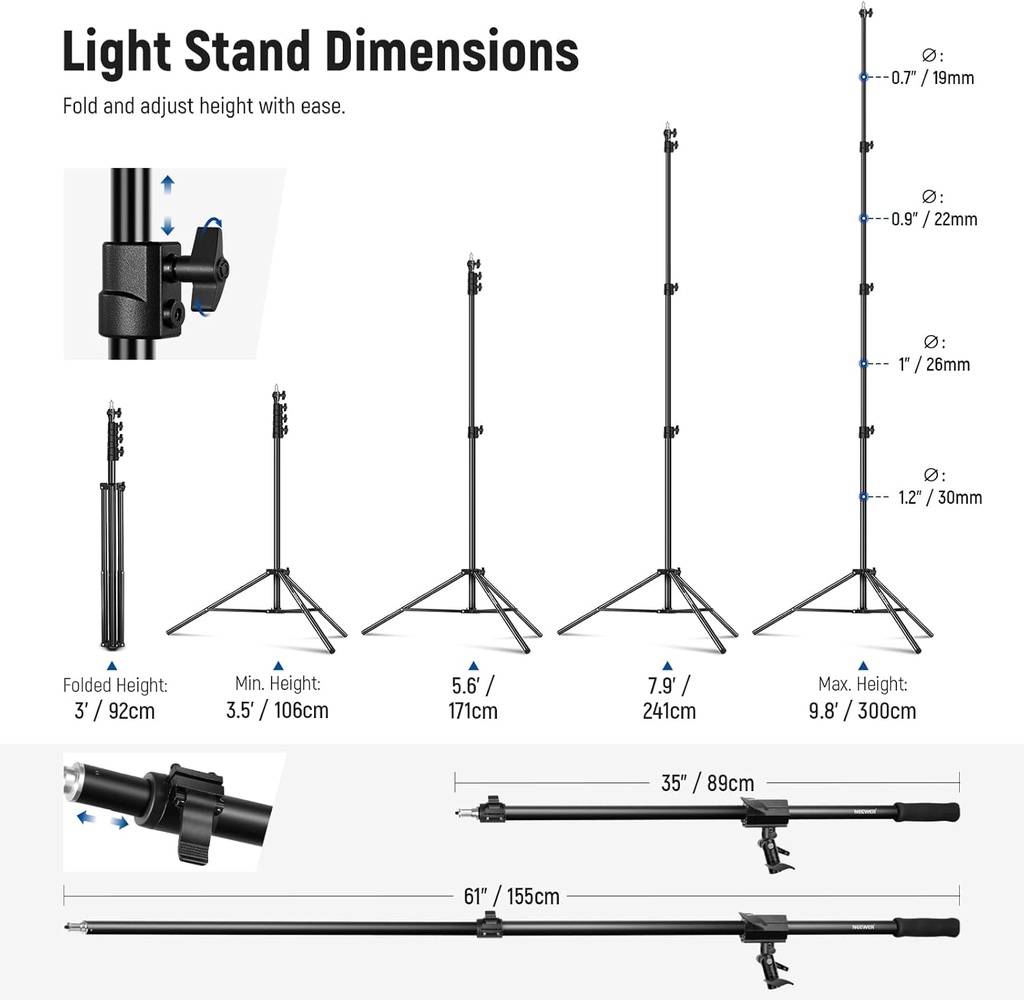 NEEWER Air Cushioned Aluminum Light Stand, 3m Adjustable Photography Stand with Boom Arm 90100462