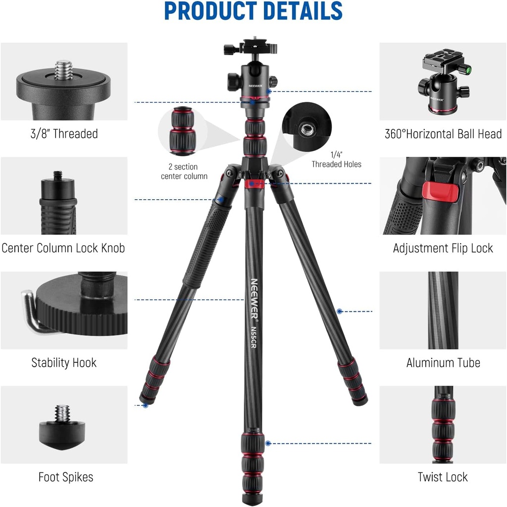 NEEWER Upgraded 200cm Carbon Fiber Camera Tripod Monopod with Telescopic 2 Section Center Axes 10101310