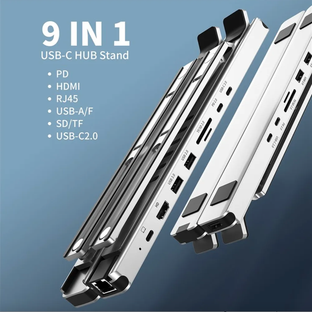 CHOETECH HUB-M43-V1 Collapsible Laptop Stand with USB C Hub 9 in 1 Docking Station, Type-C PD 60W / HD 4K 60Hz / RJ45 / 4x USB / SD TF Card Reader