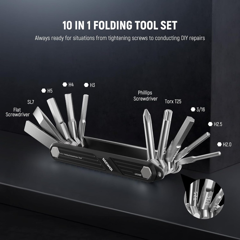NEEWER 10-IN-1 FOLDING TOOL SET WITH SCREWDRIVERS AND HEX KEY WRENCHES(BLACK) 10103286