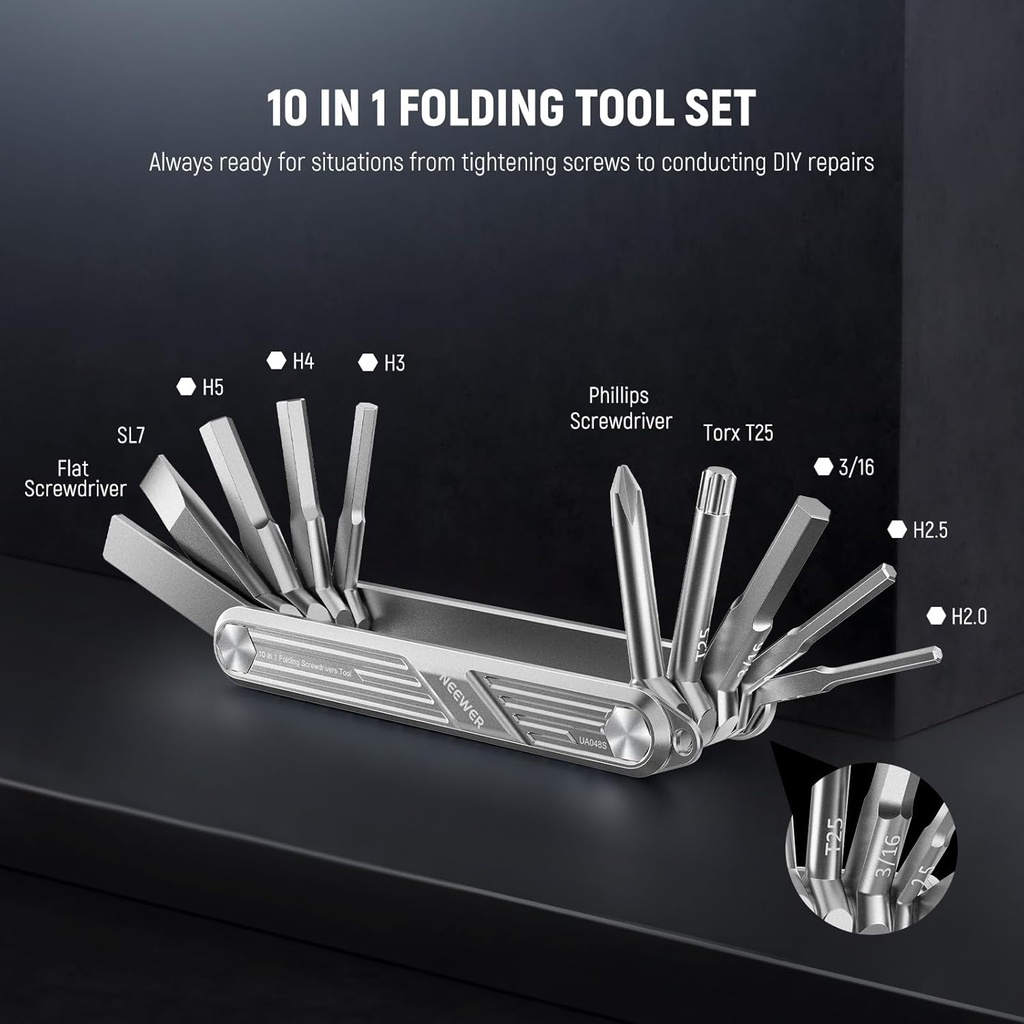 NEEWER 10-IN-1 FOLDING TOOL SET WITH SCREWDRIVERS AND HEX KEY WRENCHES(SILVER) 10103287