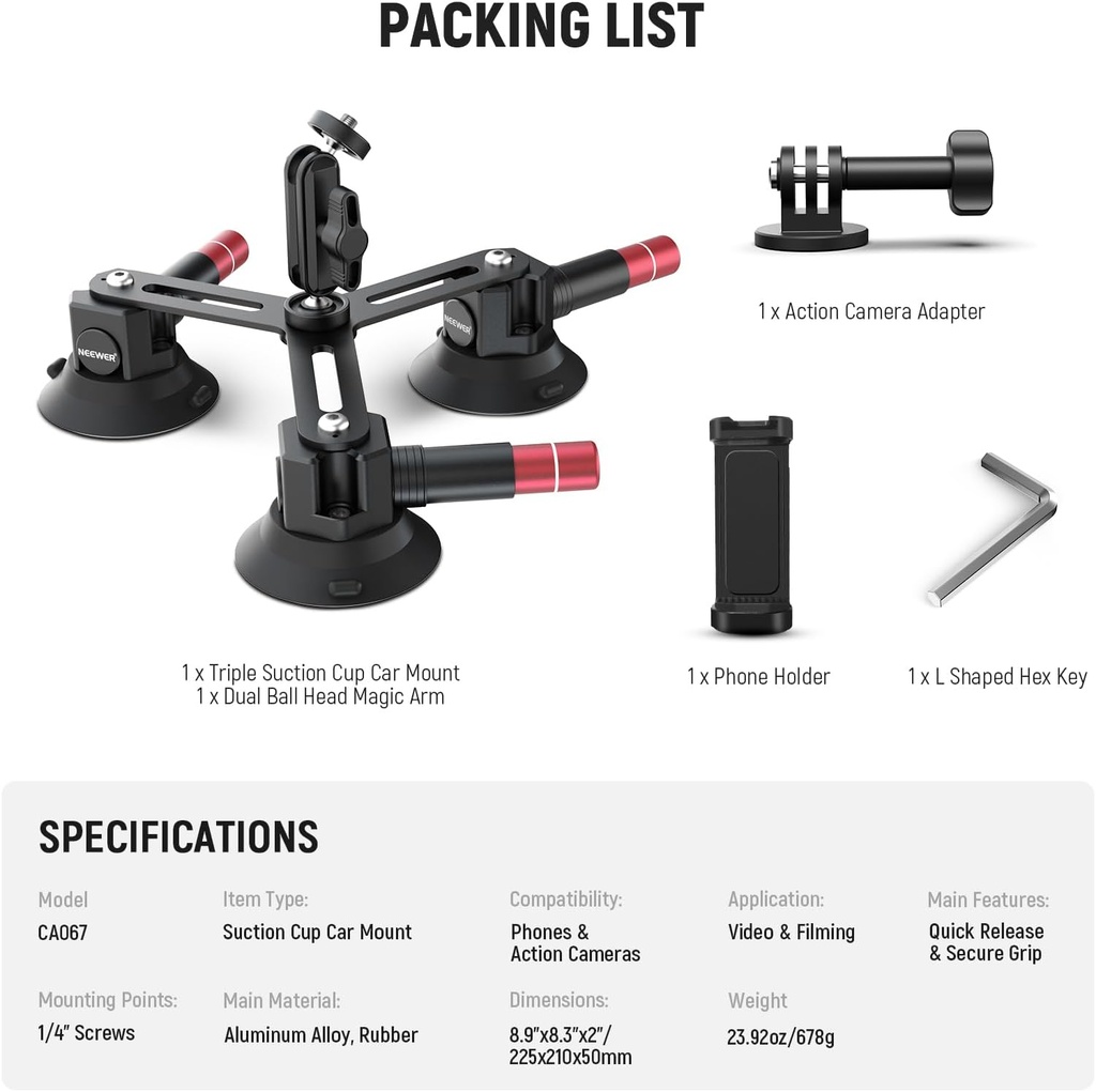 Neewer Triple Suction Cup Camera Car Mount  10104345