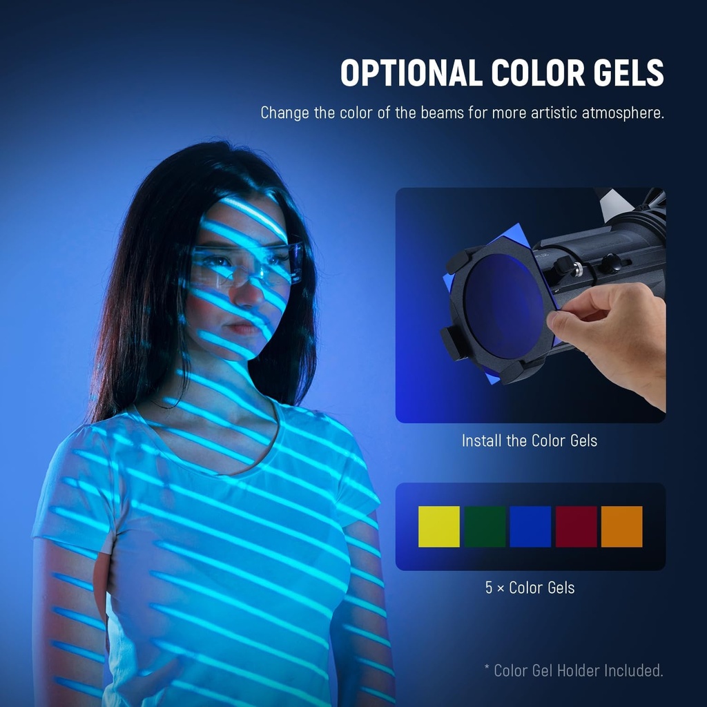 NEEWER Spotlight Snoot with 20° Projection Lens, Adjustable Focus, 16 Metal Gobos 5 Color Gels, Bag 90100759