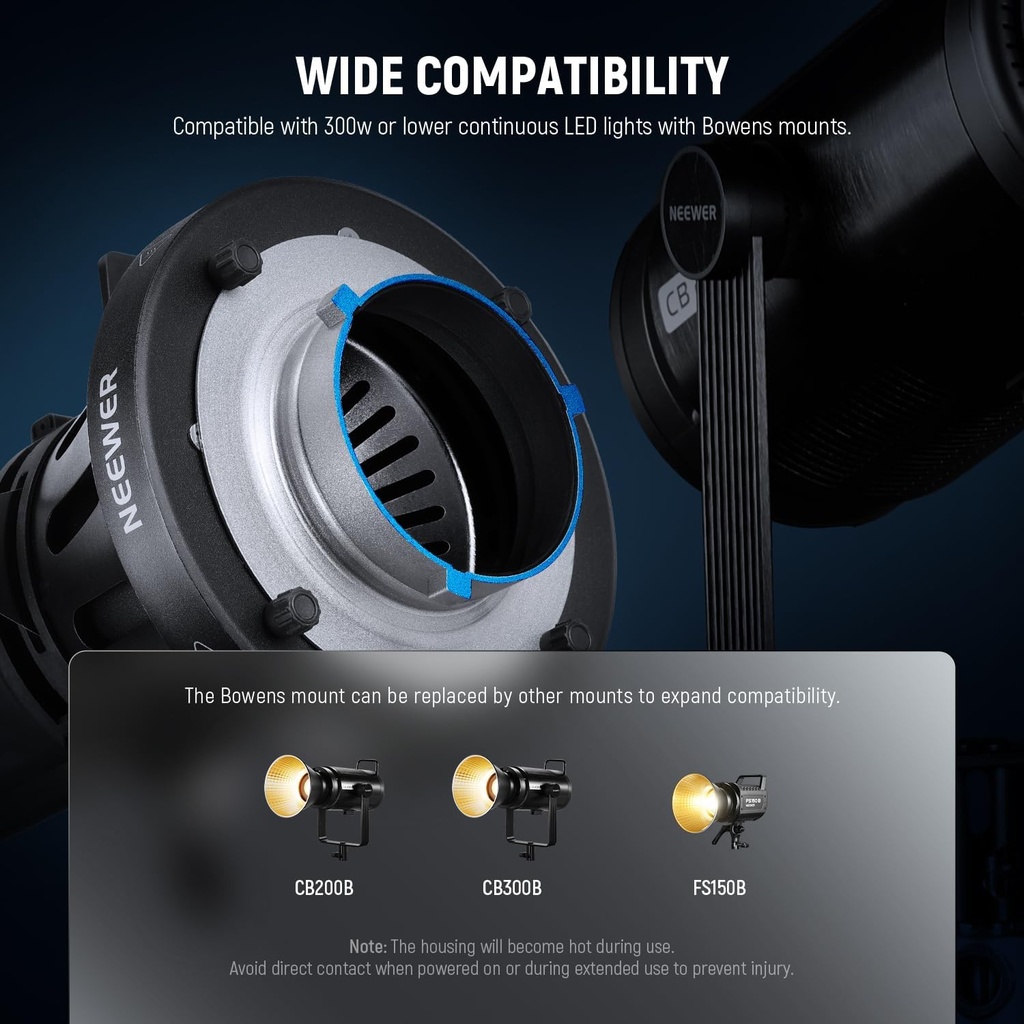 NEEWER Spotlight Snoot with 20° Projection Lens, Adjustable Focus, 16 Metal Gobos 5 Color Gels, Bag 90100759