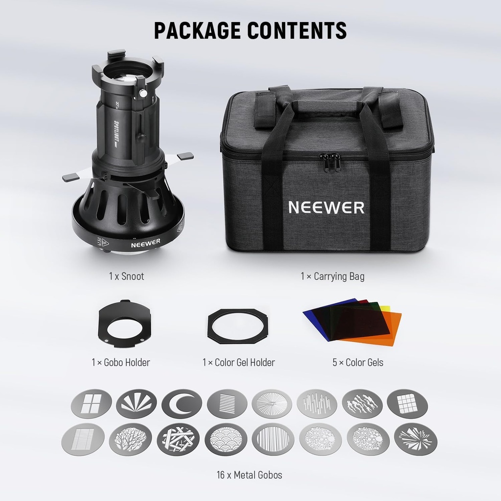 NEEWER Spotlight Snoot with 20° Projection Lens, Adjustable Focus, 16 Metal Gobos 5 Color Gels, Bag 90100759