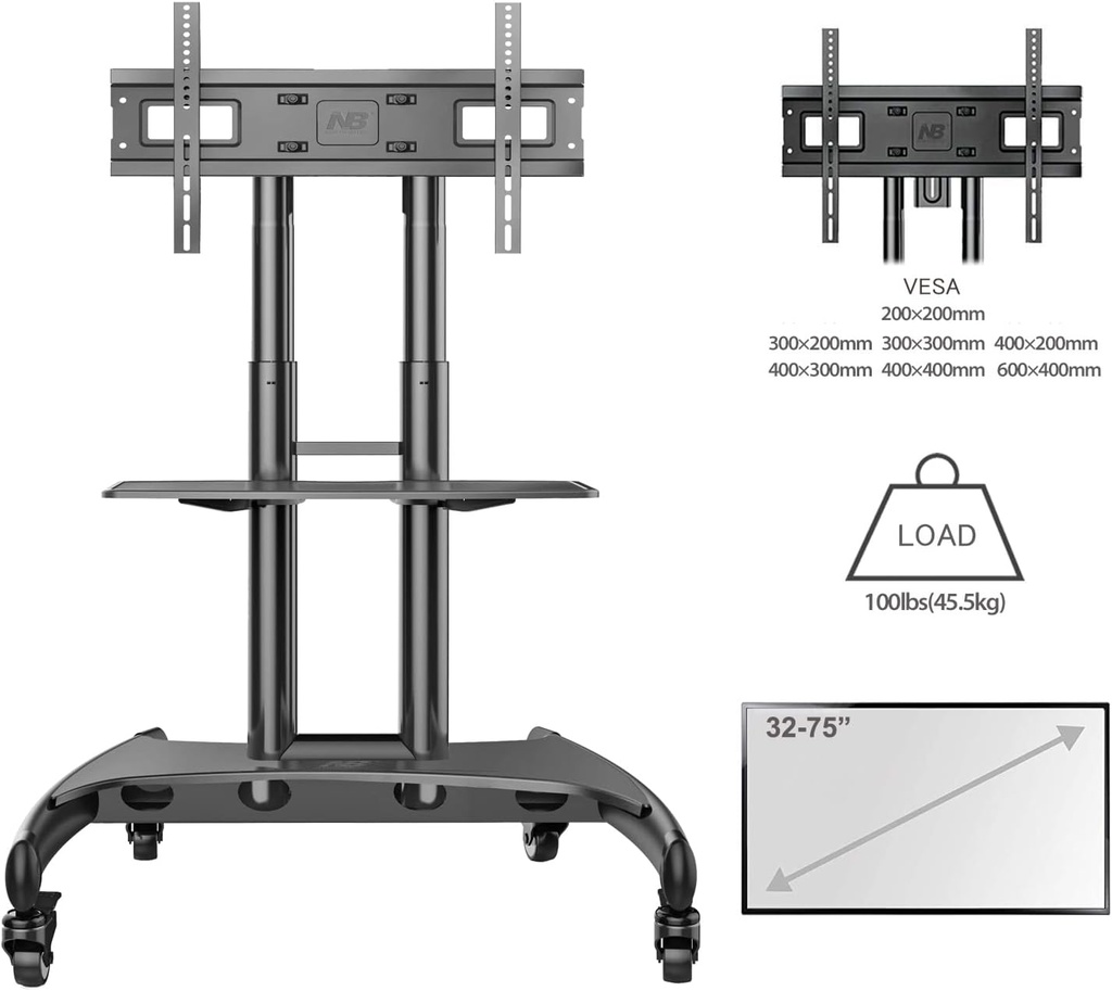 NB North Bayou Mobile TV Cart Rooling TV Stand with Wheels  AVA1500-60-1P (Black) for 32" to 75"
