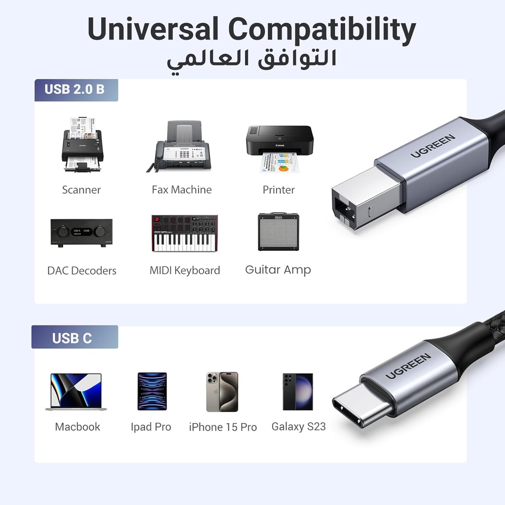 UGREEN USB-C TO USB-B CABLE BLACK 2M - 45106