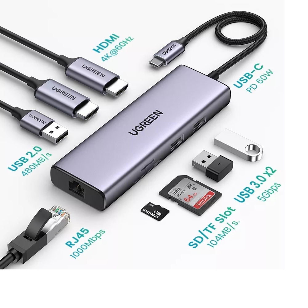 UGREEN USB-C to 2×USB 3.0+1×USB 2.0+2×HDMI+RJ45+SD+TF+PD 4K60Hz (90119/CM490)