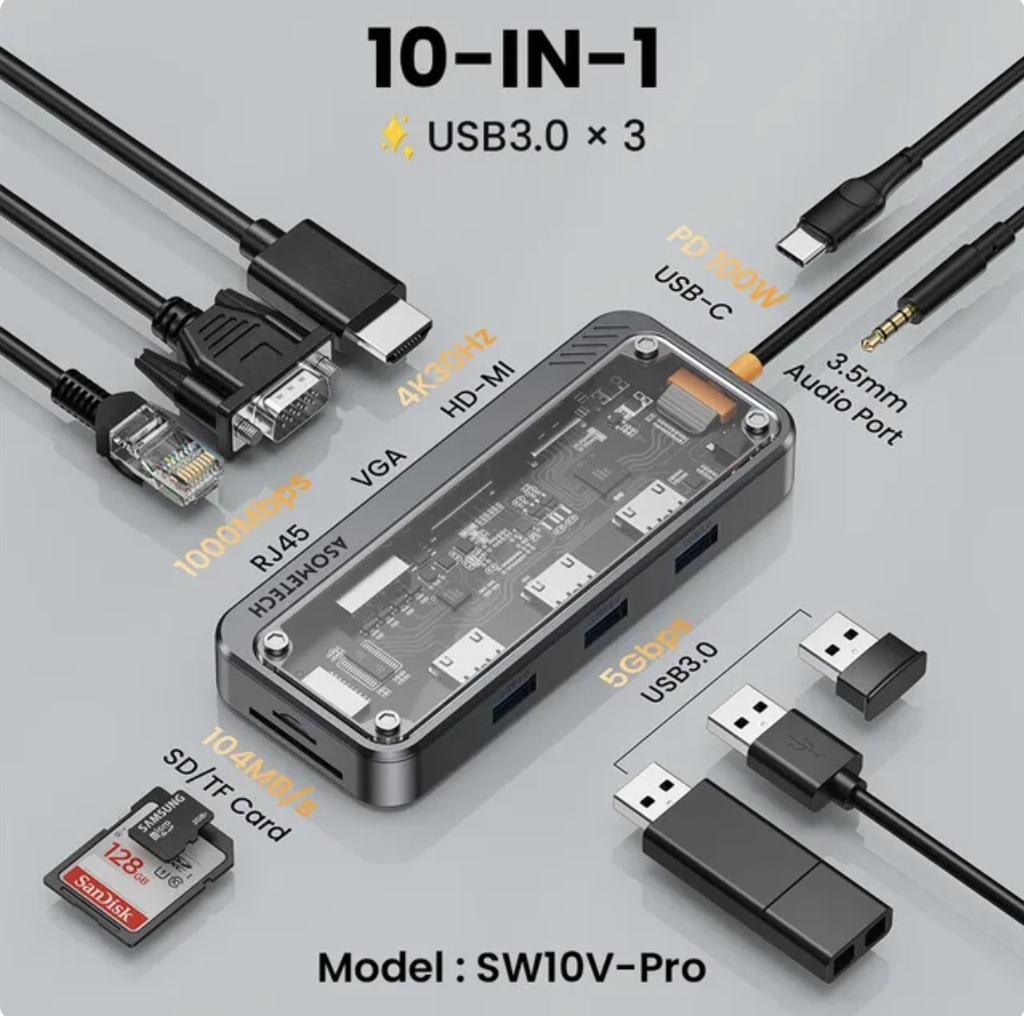 ASOMETECH SW10V-Pro \ Adapter 4K USB C Hub Dock Station Type C