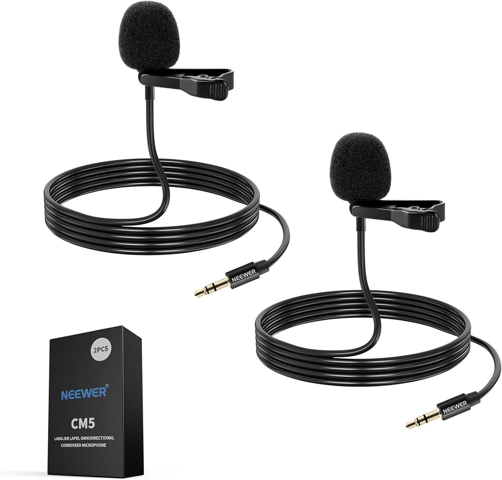 Neewer 1.2m Lavalier Lapel Microphone - 3.5mm TRS Omnidirectional Condenser, 2 Pack (21000069)