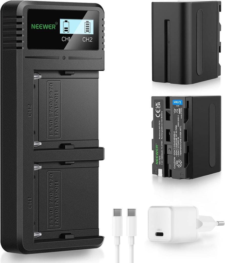 بطاريتان NEEWER NP-F970 بسعة 10050 مللي أمبير مع شاحن سريع بقدرة 20 واط بتقنية PD – طقم مكون من 2 قطعة (رقم الموديل: 10102661).