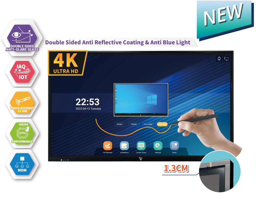 Smart Interactive Whiteboard IFP Interactive Panel - (DTG-65-V100) 65" Multi-Touch Panel [ 4K ] - Android Build-in- 65" LED 4K panel (Input & Output: 4K/2K/FHD) - Android Build-in with Android 12 - V100 (8+128) - Eye Sight Protection Tempered Glass - Sound System 15 W x 2 - Remote Control, HDMI Cable, USB Cable - 20-Point touch - Hanshin IWB Software License