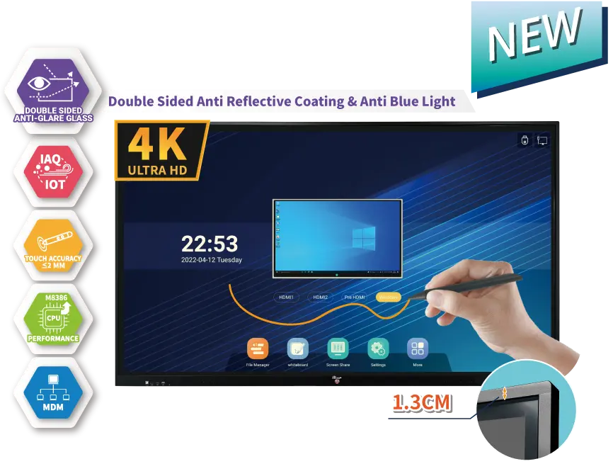 Smart Interactive Whiteboard IFP Interactive Panel - (DTG-86-V100) 86" Multi-Touch Panel [ 4K ] - Android Build-in- 86" LED 4K panel (Input & Output: 4K/2K/FHD) - Android Build-in with Android 12 - V100 (8+128) - Eye Sight Protection Tempered Glass - Sound System 15 W x 2 - Remote Control, HDMI Cable, USB Cable - 20-Point touch - Hanshin IWB Software License
