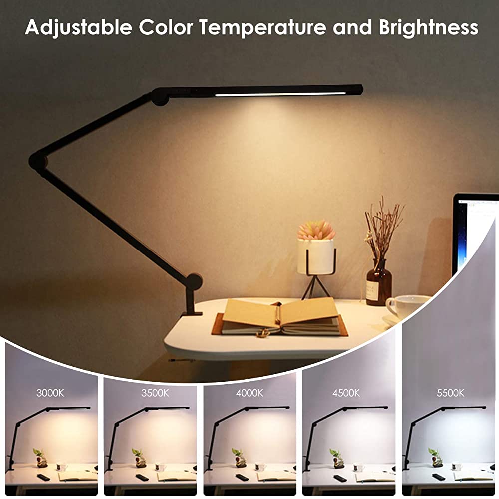 Desk Lamp with Metal Clamp (Dimmable Swing-Arm LED, 6 Colour Modes)