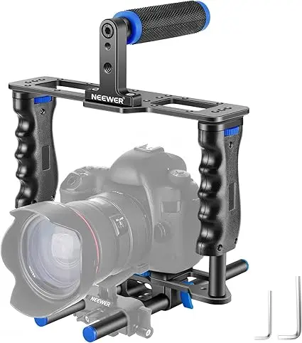NEEWER Camera Video Cage Film Making Kit, Aluminum Alloy with Top Handle, Dual Hand Grip, Two 15mm Rods – Compatible with Canon, Sony, Fujifilm, Nikon DSLR & Camcorders (Black + Blue) 10083155
