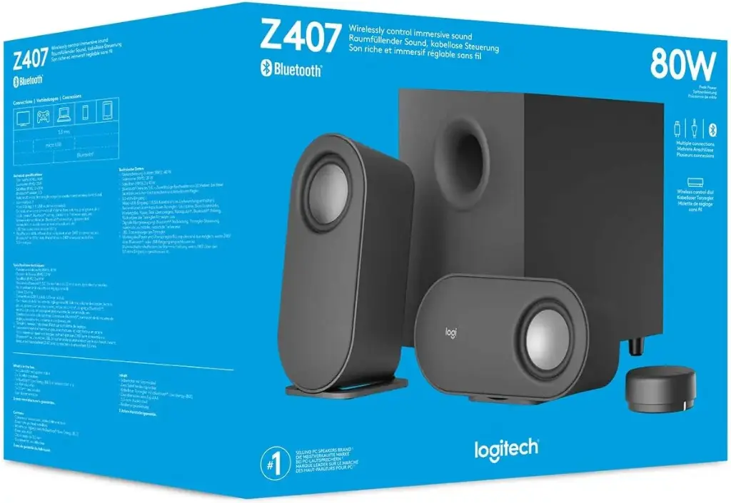 Logitech Z407 Bluetooth Computer Speakers with Wireless Control – 2.1 System