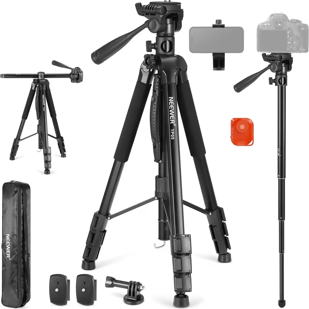 NEEWER  188cm Video Tripod Monopod w/ 3 Way Pan Tilt Head & Remote, Black| 10104307