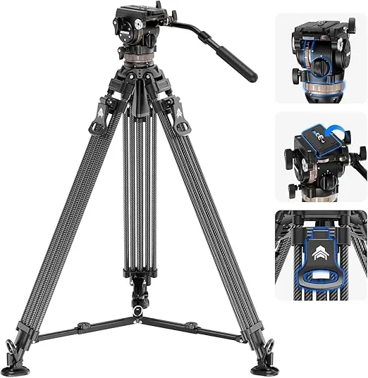 Neewer LL37 Carbon Fiber One-Step Locking Tripod 198cm With Adjustable Damping Fluid Head  | 10105155