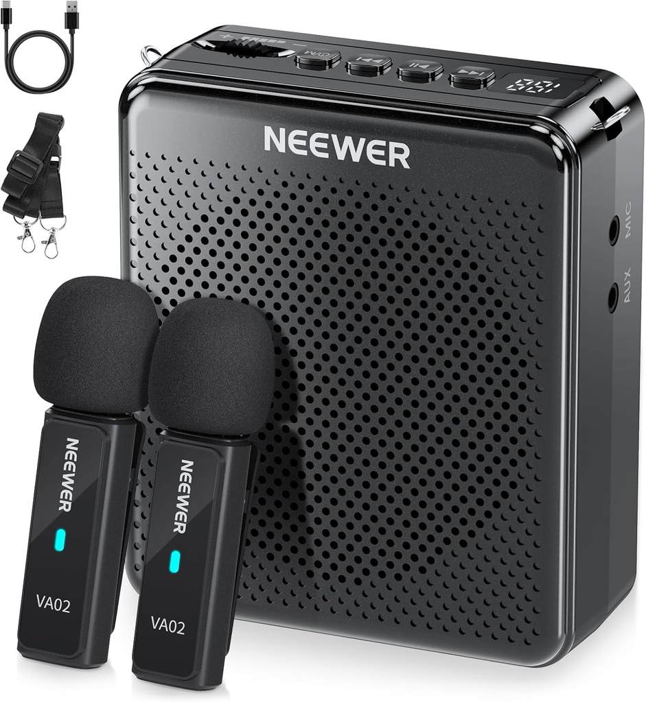 NEEWER VA02 Voice Amplifier with Wireless Microphone, Mic Kit and Megaphone Speaker Portable Mini USB C Rechargeable Noise Cancelling 10 Hours 15m Range 21000195