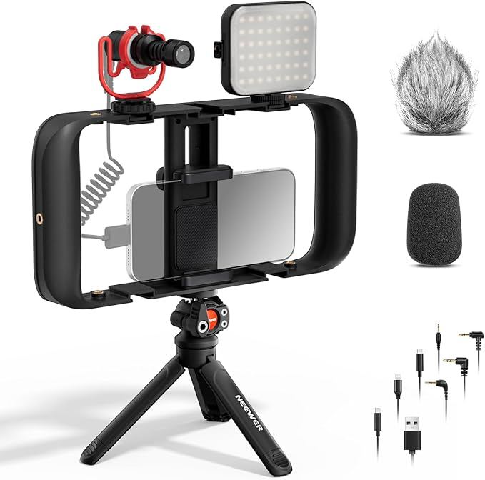 Neewer PA055 BASICS Smartphone Vlogging Kit with Cage, Microphone, LED Light and Tripod (21000190)