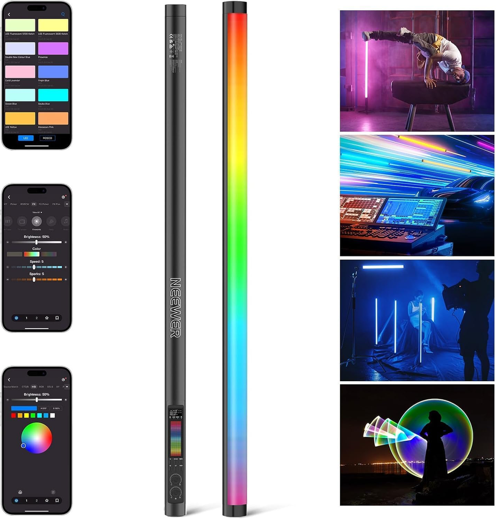 NEEWER TL60 RGB Light Stick for Camera Solid Color APP Support / 2.4G/DMX 7 Pixel Effects 18 Scenes 2500K-10000K CRI97+ TLCI98+ 3000mAh Battery10102650