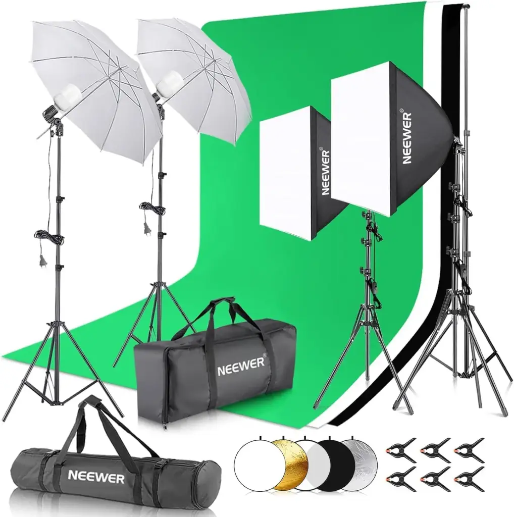 NEEWER NK102 Photography Lighting Kit with Backdrop Backdrops 8.5 x 10 Feet 5700K 800W Equivalent 24W LED Umbrella Softbox Continuous Lighting 60cm Light Reflector 10104080