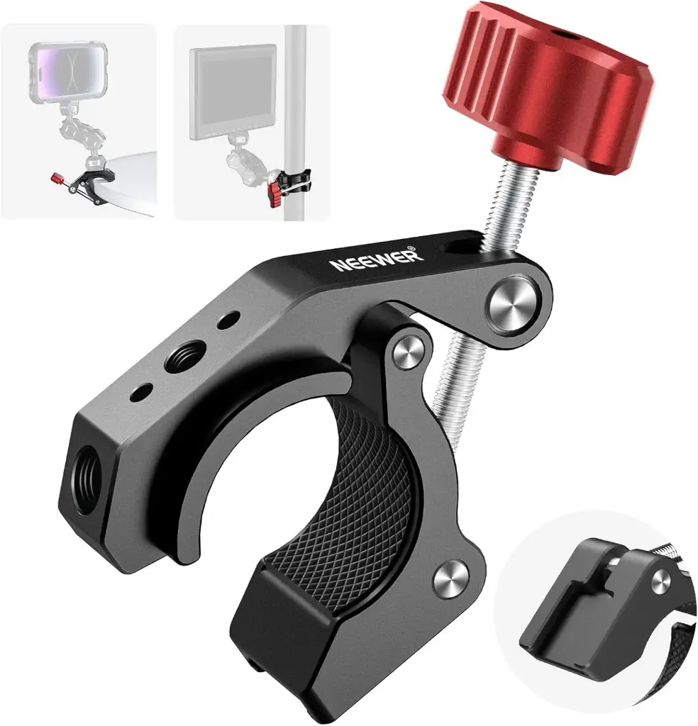 Neewer ST81 Crab-Shaped Super Clamp with Cold Shoe and 1/4in and 3/8in Threads, Red (33000030)